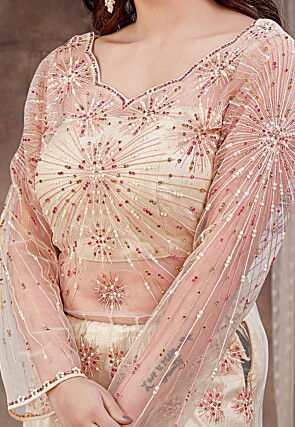 Embroidered Net Lehenga in Cream