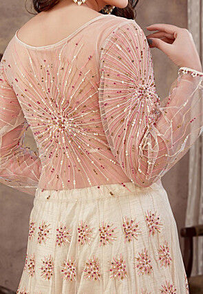 Embroidered Net Lehenga in Cream