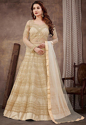 Embroidered Net Lehenga in Cream