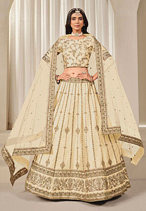 Embroidered Art Silk Lehenga in Cream