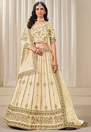 Embroidered Art Silk Lehenga in Cream