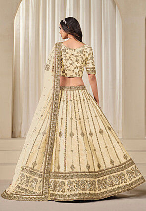 Embroidered Art Silk Lehenga in Cream