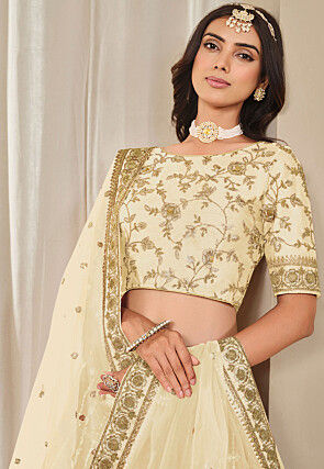 Embroidered Art Silk Lehenga in Cream