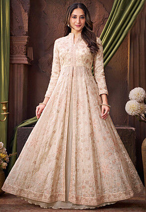 Embroidered Art Silk Lehenga in Cream