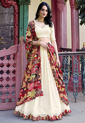 Embroidered Art Silk Lehenga in Cream