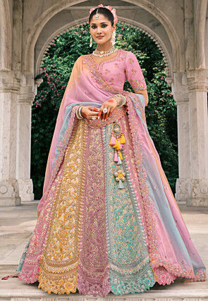 Embroidered Art Silk Jacquard Lehenga in Cream