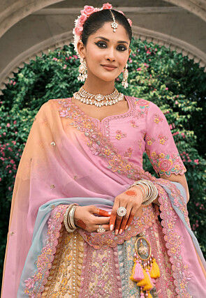 Embroidered Art Silk Jacquard Lehenga in Cream