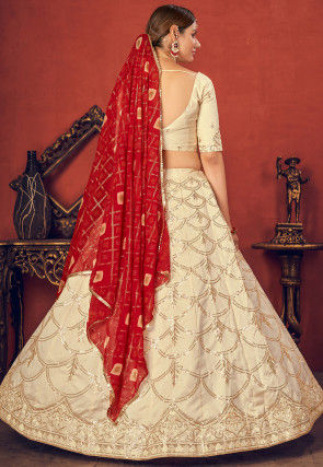 Embroidered Art Silk Lehenga in Cream