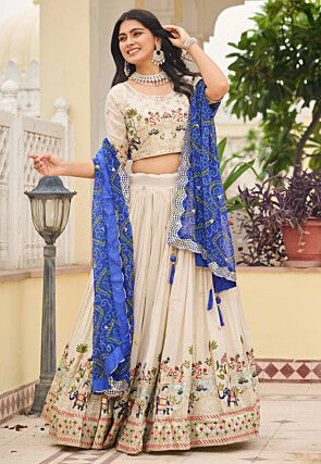 Embroidered Art Silk Lehenga in Cream