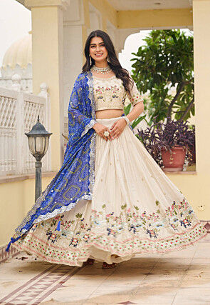 Embroidered Art Silk Lehenga in Cream