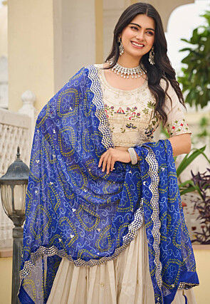 Embroidered Art Silk Lehenga in Cream