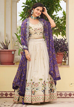 Embroidered Art Silk Lehenga in Cream