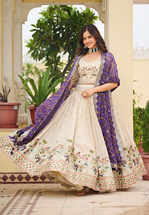 Embroidered Art Silk Lehenga in Cream