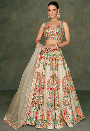 Embroidered Art Silk Lehenga in Cream