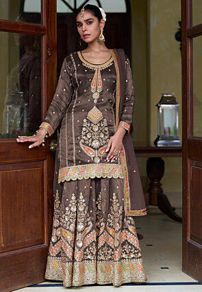 Embroidered Art Silk Scalloped Lehenga in Dark Brown