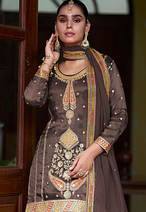 Embroidered Art Silk Scalloped Lehenga in Dark Brown