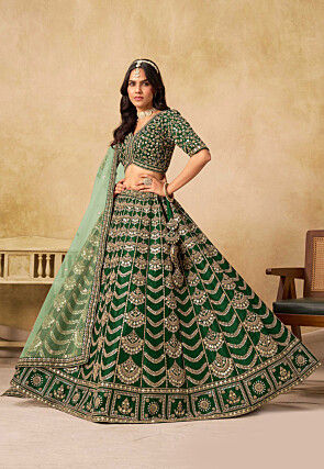 Embroidered Art Silk Lehenga in Dark Green