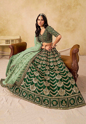 Embroidered Art Silk Lehenga in Dark Green