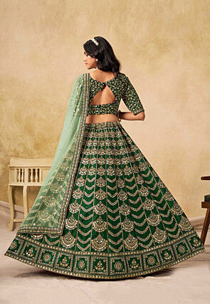 Embroidered Art Silk Lehenga in Dark Green