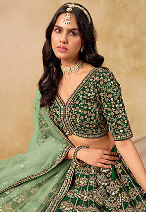 Embroidered Art Silk Lehenga in Dark Green