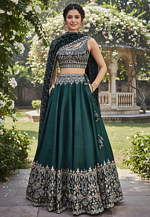 Embroidered Art Silk Lehenga in Dark Green