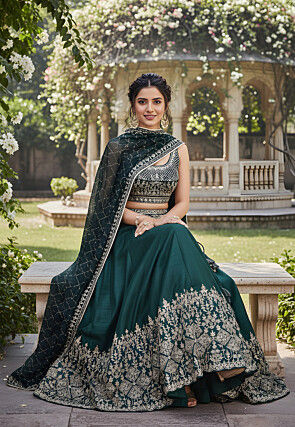 Embroidered Art Silk Lehenga in Dark Green