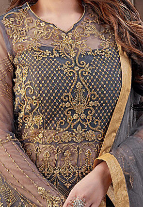 Embroidered Net Lehenga in Dark Grey