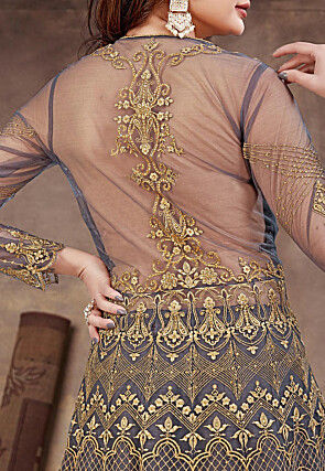 Embroidered Net Lehenga in Dark Grey