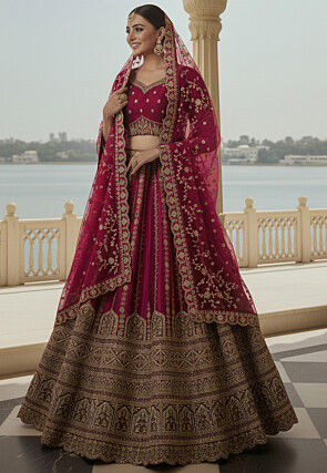 Embroidered Art Silk Lehenga in Dark Pink