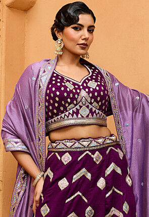 Embroidered Art Silk Lehenga in Dark Purple