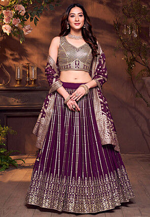 Embroidered Art Silk Lehenga in Dark Purple