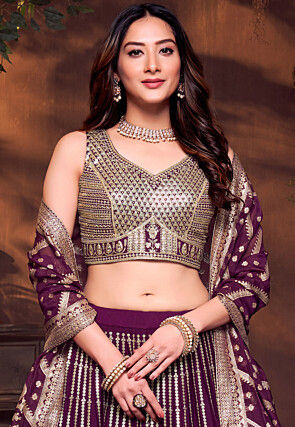 Embroidered Art Silk Lehenga in Dark Purple