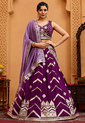 Embroidered Art Silk Lehenga in Dark Purple