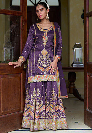 Embroidered Art Silk Scalloped Lehenga in Dark Purple