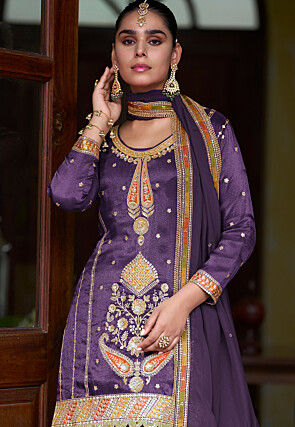 Embroidered Art Silk Scalloped Lehenga in Dark Purple