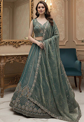 Embroidered Art Silk Lehenga in Dusty Blue