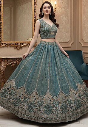 Embroidered Art Silk Lehenga in Dusty Blue