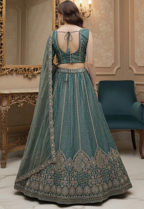 Embroidered Art Silk Lehenga in Dusty Blue