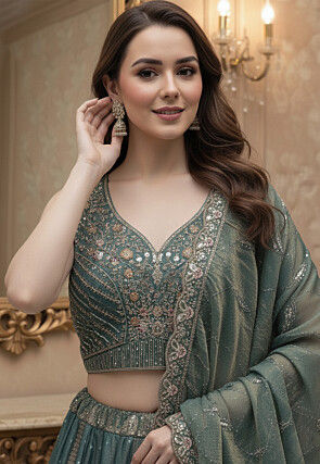 Embroidered Art Silk Lehenga in Dusty Blue