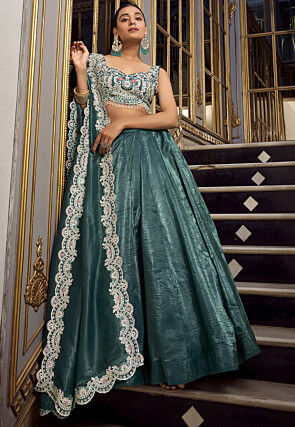 Embroidered Art Silk Lehenga in Dusty Green
