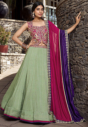 Embroidered Art Silk Lehenga in Dusty Green