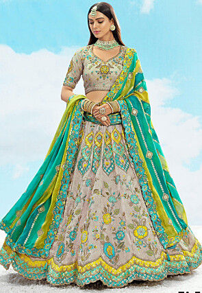 Embroidered Art Silk Jacquard Lehenga in Fawn