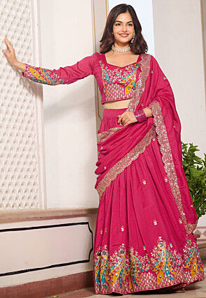 Embroidered Art Silk Lehenga in Fuchsia