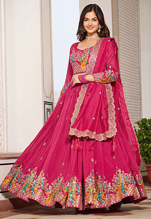 Embroidered Art Silk Lehenga in Fuchsia