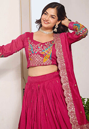 Embroidered Art Silk Lehenga in Fuchsia