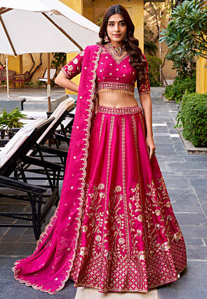 Embroidered Art Silk Lehenga in Fuchsia