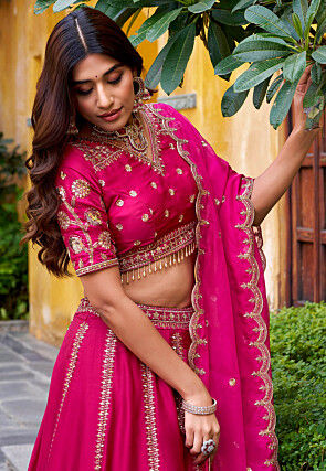 Embroidered Art Silk Lehenga in Fuchsia