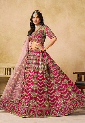 Embroidered Art Silk Lehenga in Fuchsia