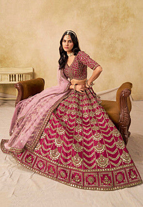 Embroidered Art Silk Lehenga in Fuchsia