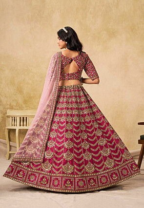 Embroidered Art Silk Lehenga in Fuchsia